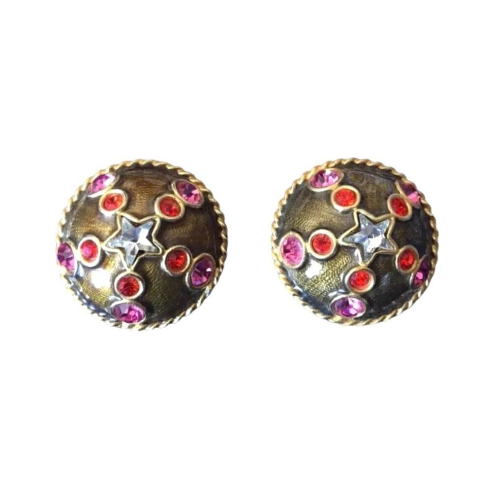 Vintage Gerard Yosca Button Earrings Gold Plated Enamel Crystals Clip On